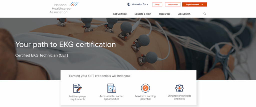 Screenshot of the Certified EKG Technician (CET) landing page