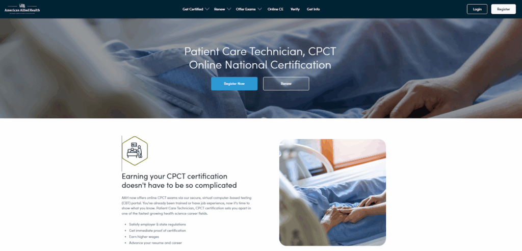 Screenshot of the Certified Patient Care Technician Online CPCT Certification Exam web page