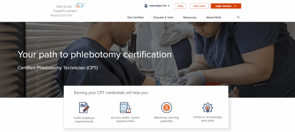 Screenshot of the Certified Phlebotomy Technician (CPT) landing page