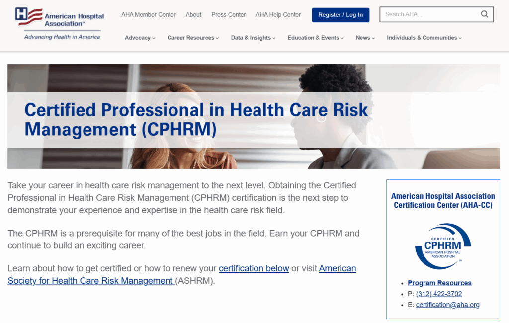The Certified Professional in Healthcare Risk Management (CPHRM) web page screenshot