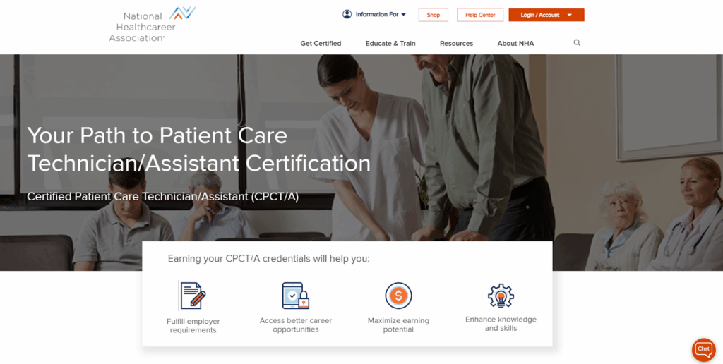 Screenshot of the Certified Patient Care Technician/Assistant (CPCT/A) landing page