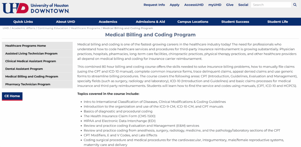 The Medical Billing and Coding Program certification page screenshot