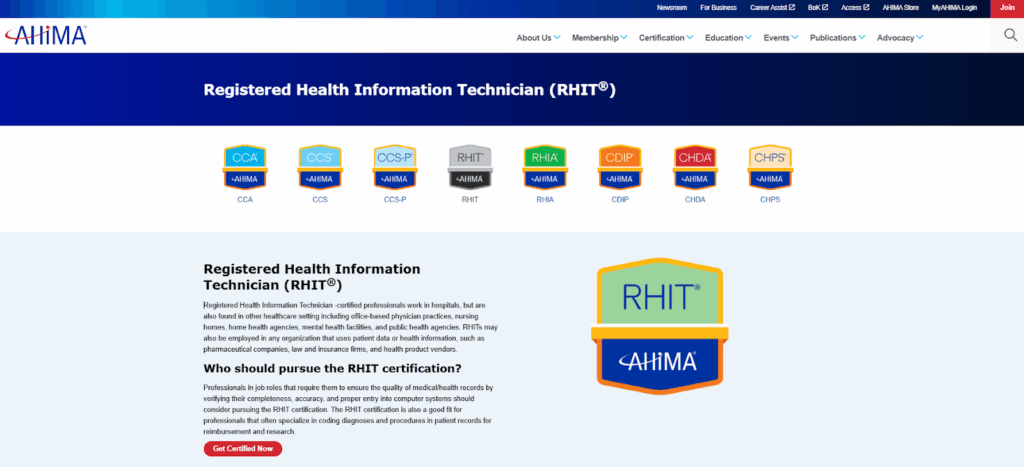 The Registered Health Information Technician (RHIT®) page screenshot