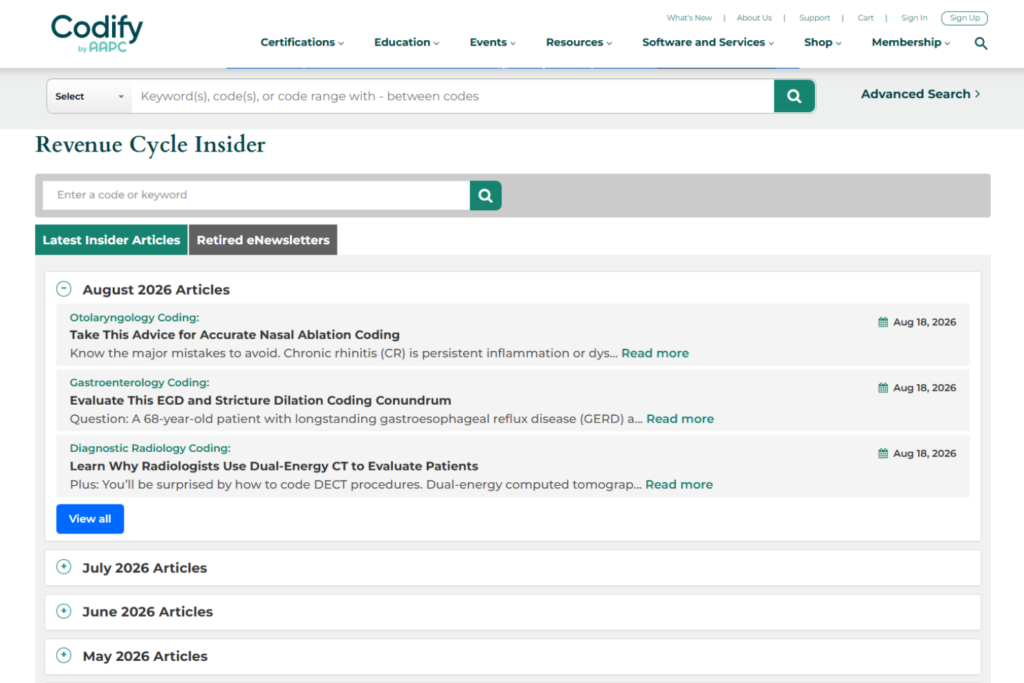 AAPC Revenue Cycle Insider page displaying recent specialty coding articles