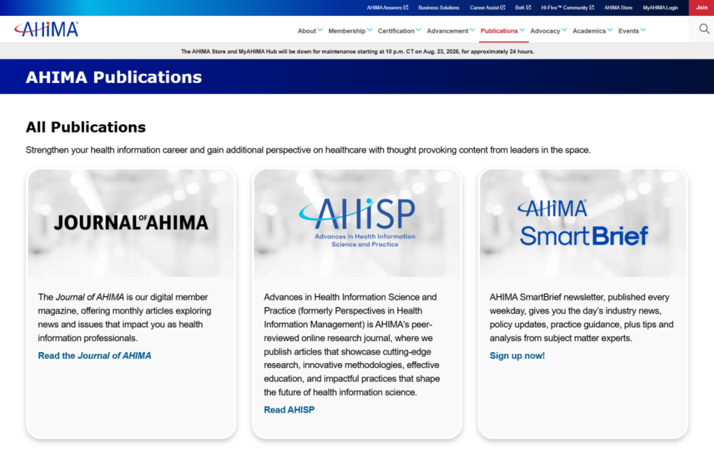AHIMA Publications page featuring Journal of AHIMA, AHISP, and SmartBrief