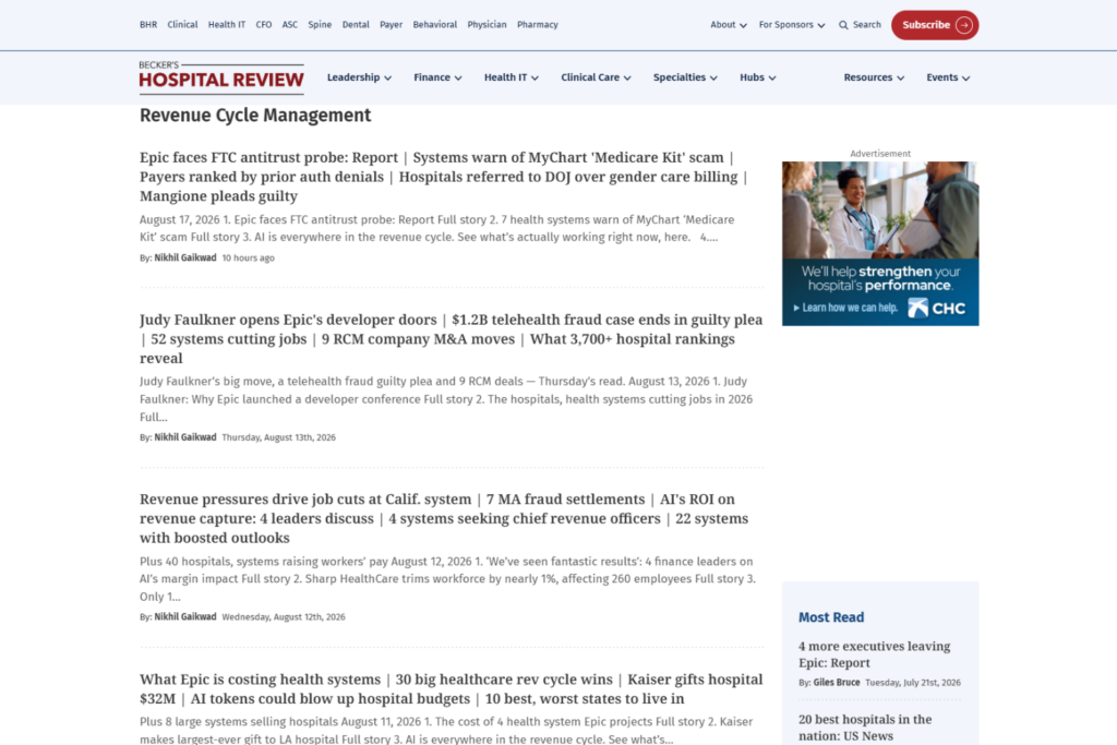 Becker's Hospital Review page showing recent revenue cycle management stories