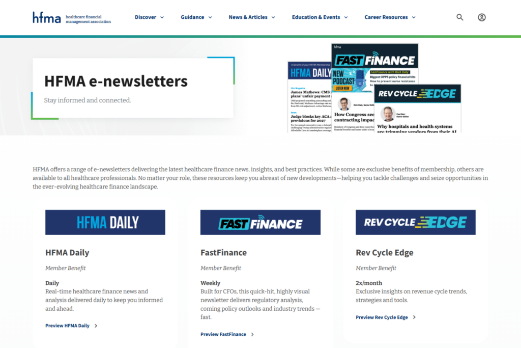 HFMA e-newsletters page featuring HFMA Daily, FastFinance, and Rev Cycle Edge