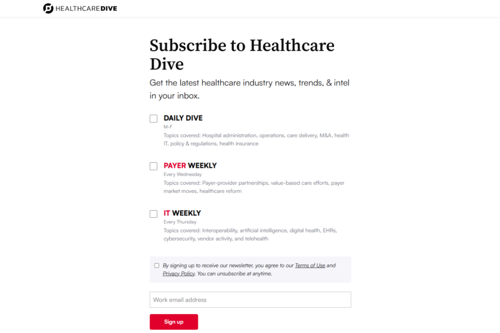 Healthcare Dive sign-up page showing Daily Dive, Payer Weekly, and IT Weekly