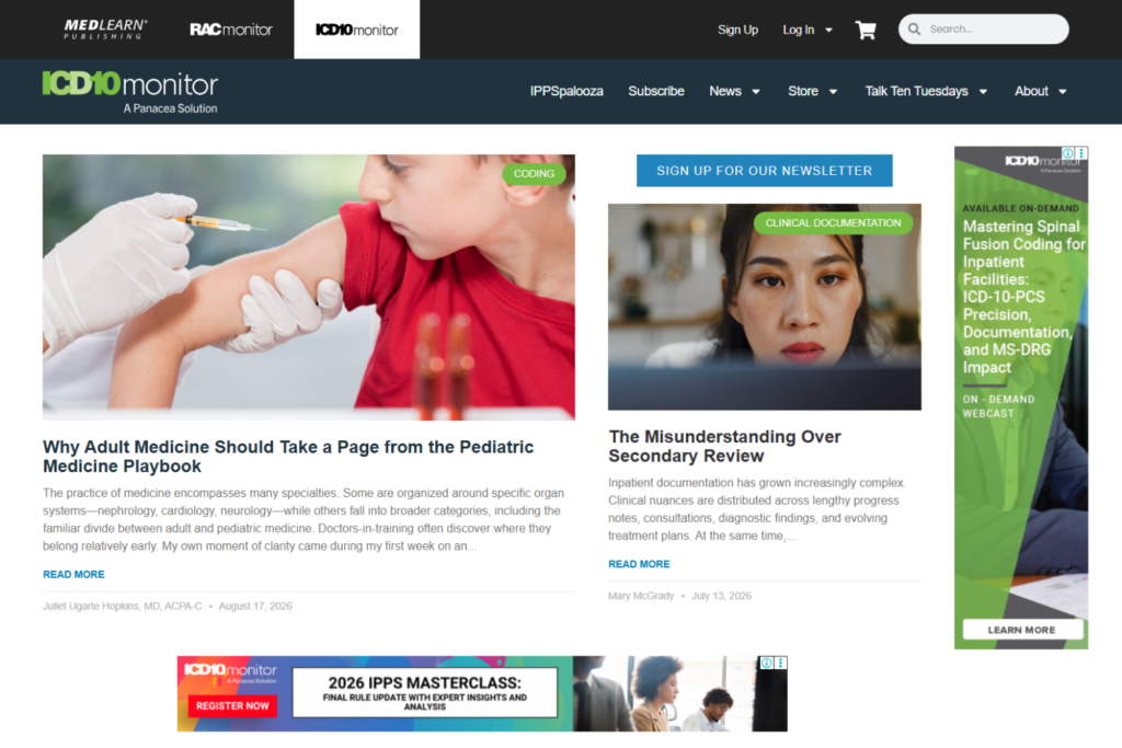 ICD10monitor homepage featuring coding and clinical documentation articles