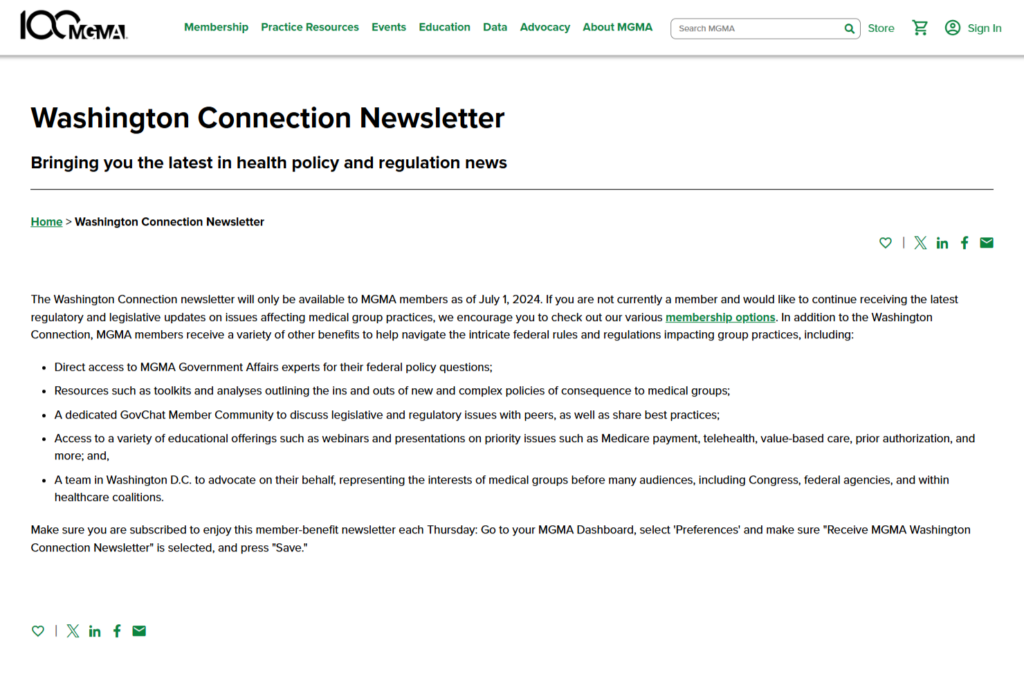 MGMA Washington Connection page detailing health policy and legislative coverage
