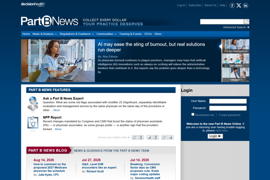 Part B News homepage featuring Medicare guidance and physician practice stories