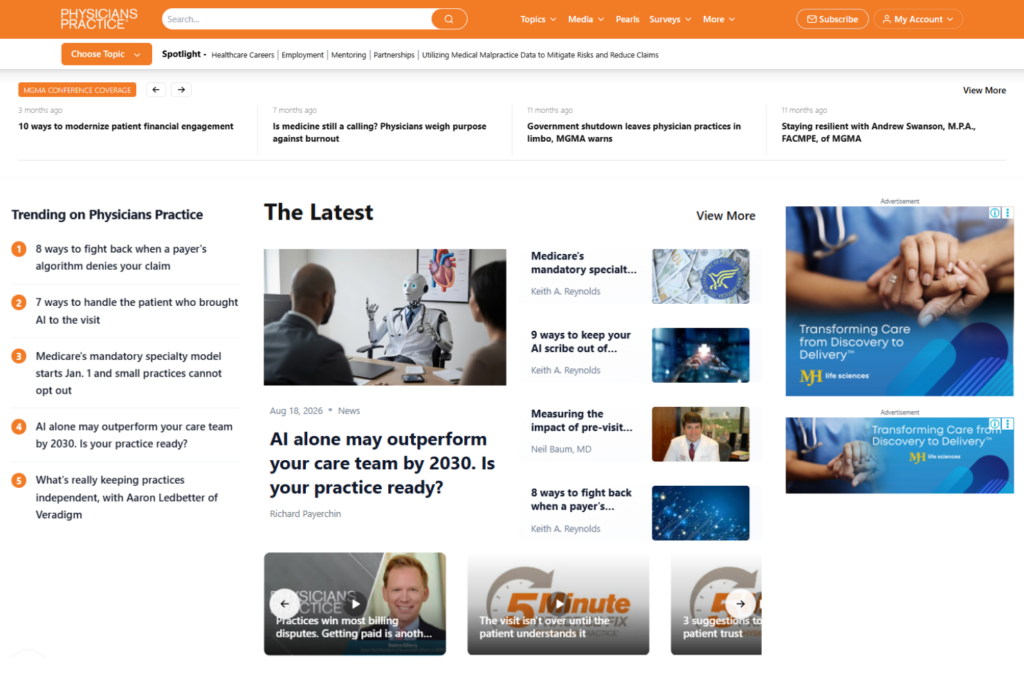 Physicians Practice homepage displaying trending topics and recent physician stories