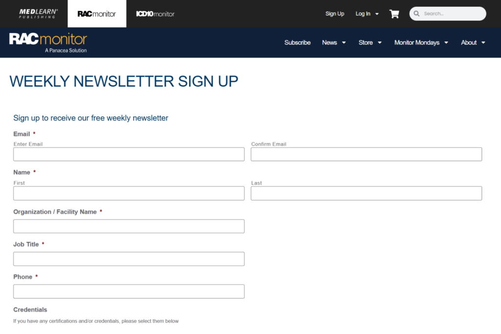 RACmonitor weekly newsletter sign-up form requesting subscriber details