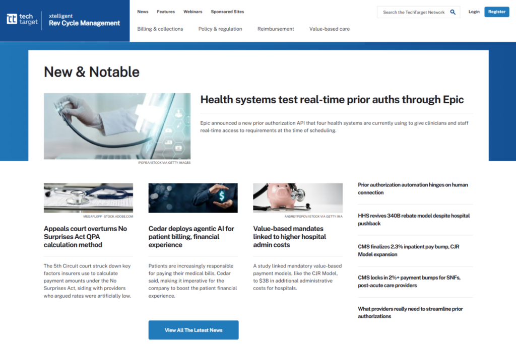 RevCycleIntelligence page highlighting prior authorization and healthcare payment news