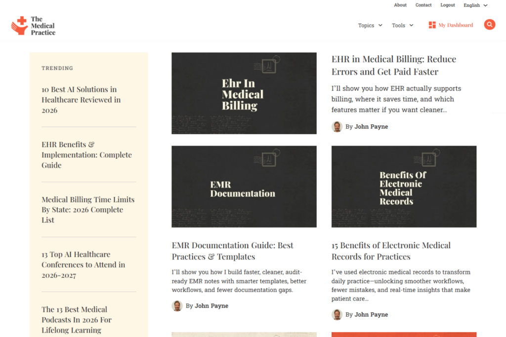 The Medical Practice homepage featuring EHR, EMR, and medical billing articles