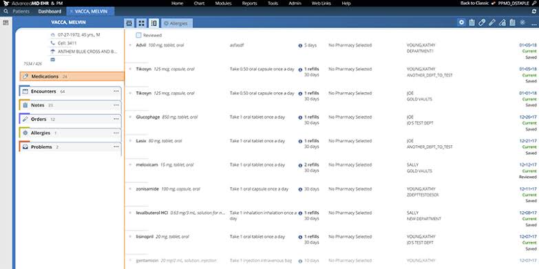AdvancedMD patient data access screen displaying medication history, encounters, clinical notes, orders, allergies, and active health problems