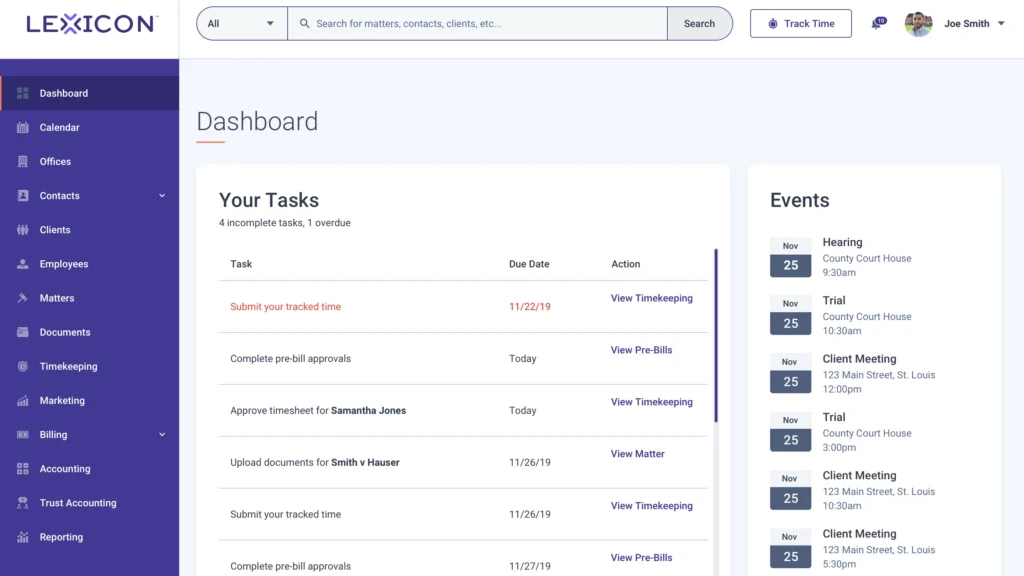 Lexicon legal software dashboard showing a task list, due dates, and upcoming events calendar
