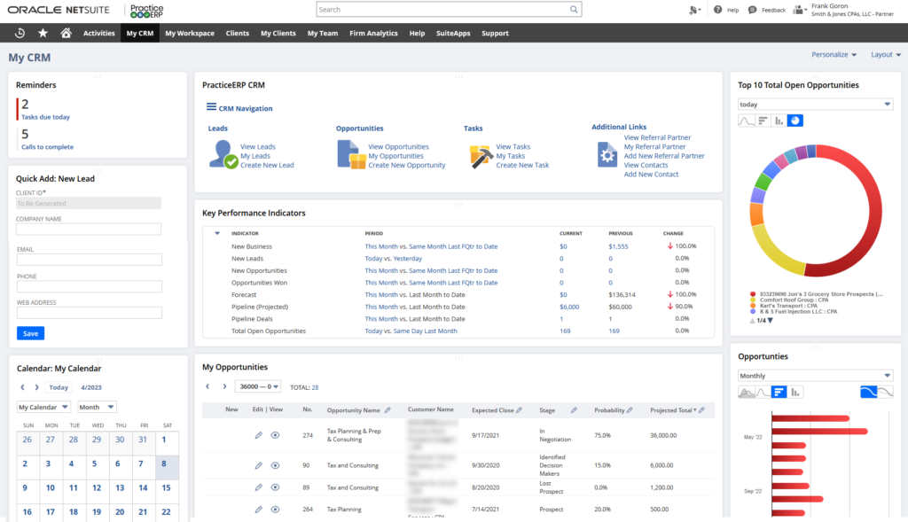 Oracle NetSuite CRM dashboard showing key performance indicators, opportunities list, and a calendar widget.