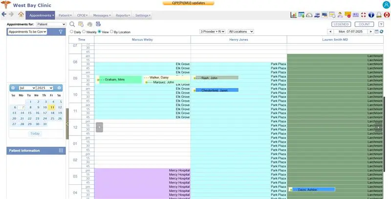 PrognoCIS scheduling dashboard showing provider calendars, appointment times, clinic locations, and patient visit bookings
