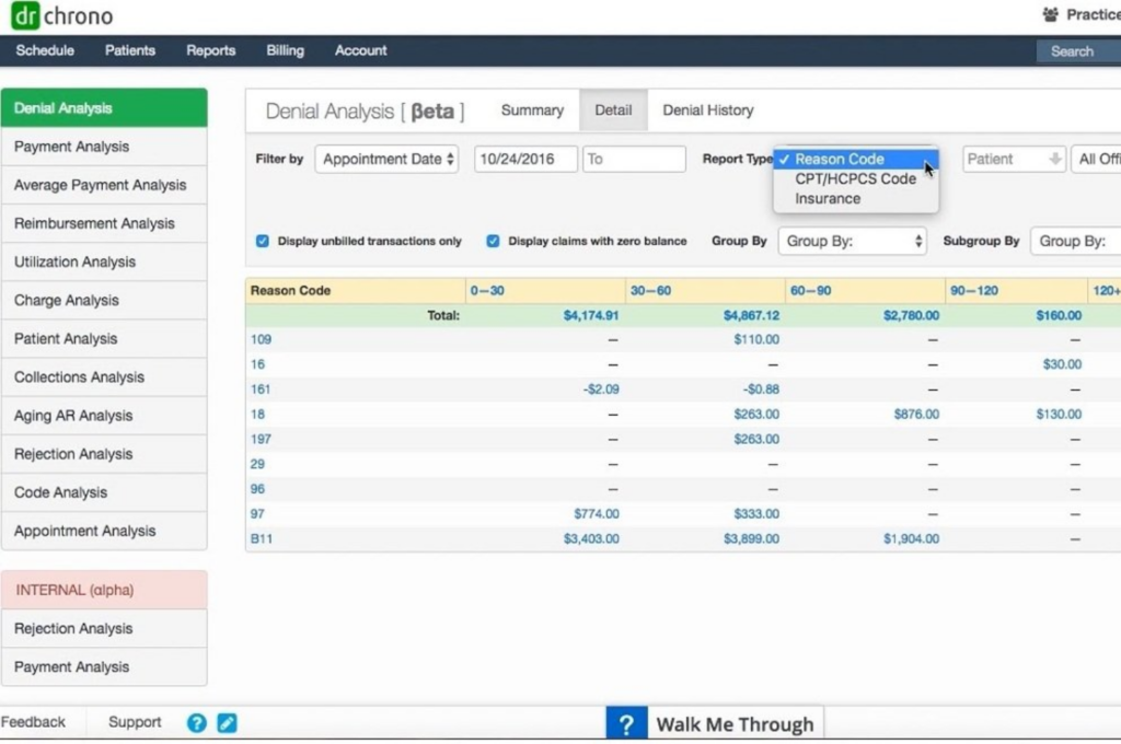 DrChrono medical billing dashboard showing denial analysis by reason code, aging periods, claim balances, payment data, and reimbursement reports