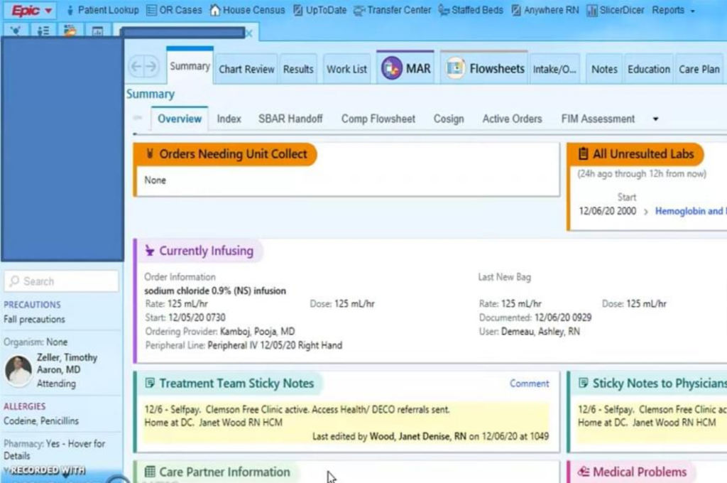 Epic EHR patient summary dashboard showing active orders, lab results, infusion details, care notes, allergies, and treatment team information