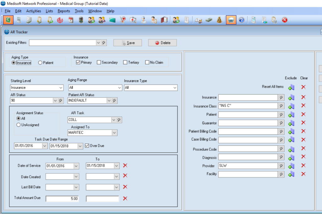 Medisoft AR Tracker displaying insurance aging filters, billing tasks, overdue accounts, service dates, providers, procedure codes, and patient billing criteria