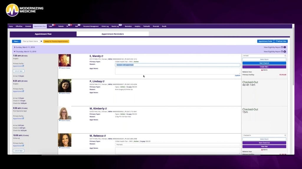 ModMed practice management dashboard showing appointment flow, patient check-in status, visit notes, eligibility reports, and balances
