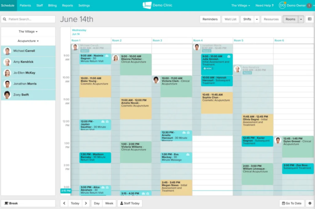 OmniMD scheduling dashboard showing provider calendars, treatment rooms, patient appointments, reminders, waitlists, and clinic resources