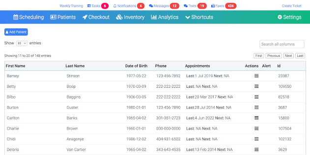 OptiMantra EMR dashboard displaying a patient list with contact details, appointment history, alerts, and record actions