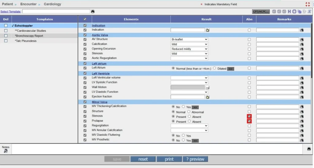 PrognoCIS customizable cardiology template for documenting echocardiogram findings and clinical results