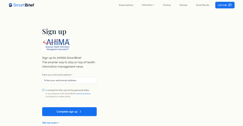 AHIMA SmartBrief-aanmeldpagina voor nieuws over gezondheidsinformatiemanagement