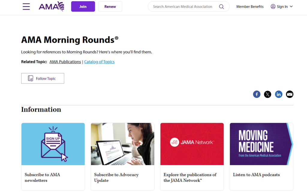 Pagina van AMA Morning Rounds met inschrijving voor de nieuwsbrief en publicatiebronnen van de AMA