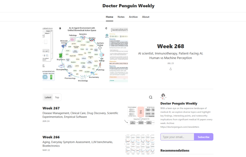 Archief van Doctor Penguin Weekly met recente onderwerpen en diagrammen over medische AI