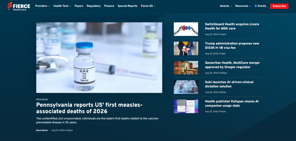 Startpagina van Fierce Healthcare met vaccinatiegraad en koppen uit de sector