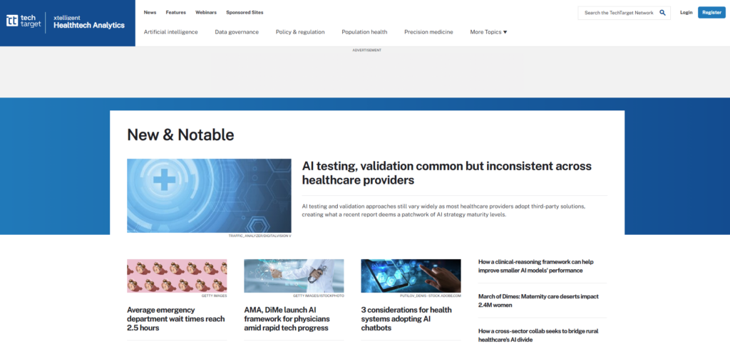 Startpagina van Gezondheids-IT-analyse met nieuws en onderzoek over technologie in de gezondheidszorg