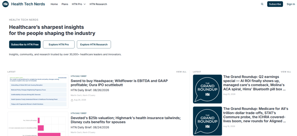 Homepage van Health Tech Nerds met onderzoeksbriefings en The Grand Roundup