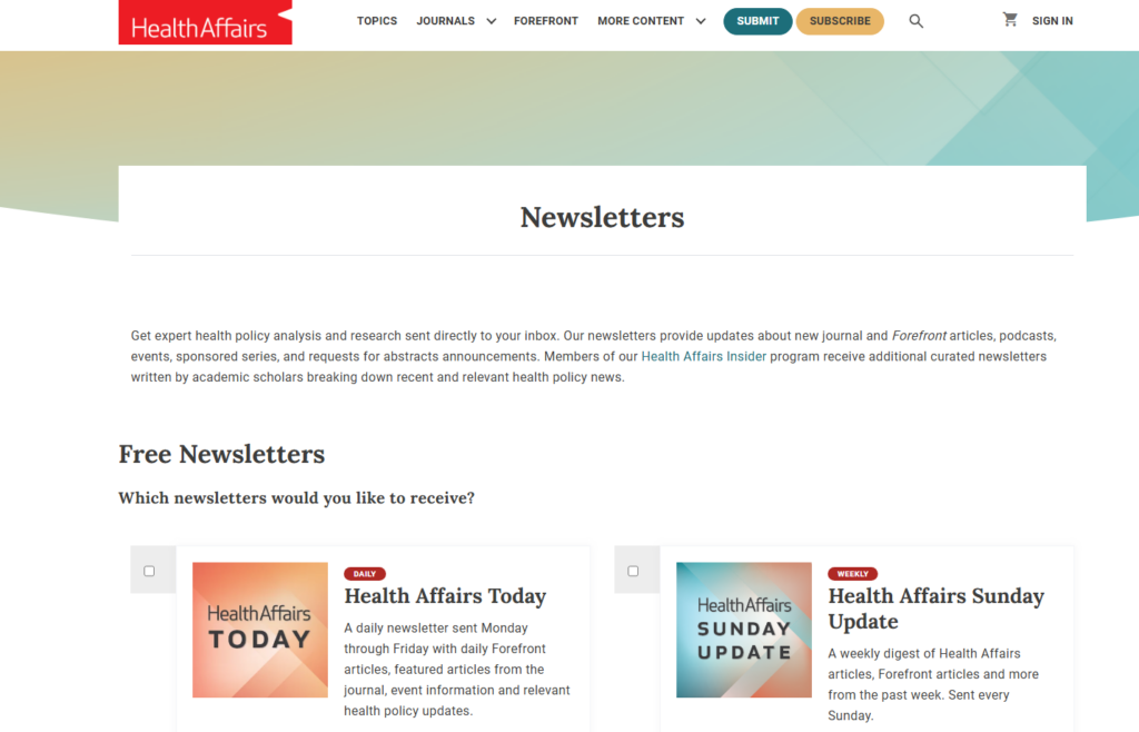 Health Affairs Today uitgelicht op de pagina met nieuwsbrieven van de publicatie
