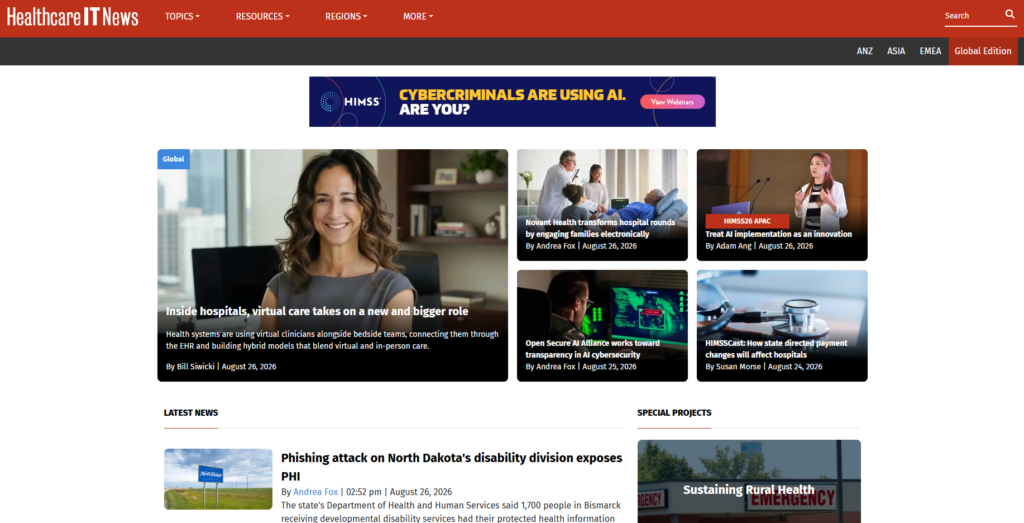 Homepage van Healthcare IT News met virtuele diensten en updates uit de sector