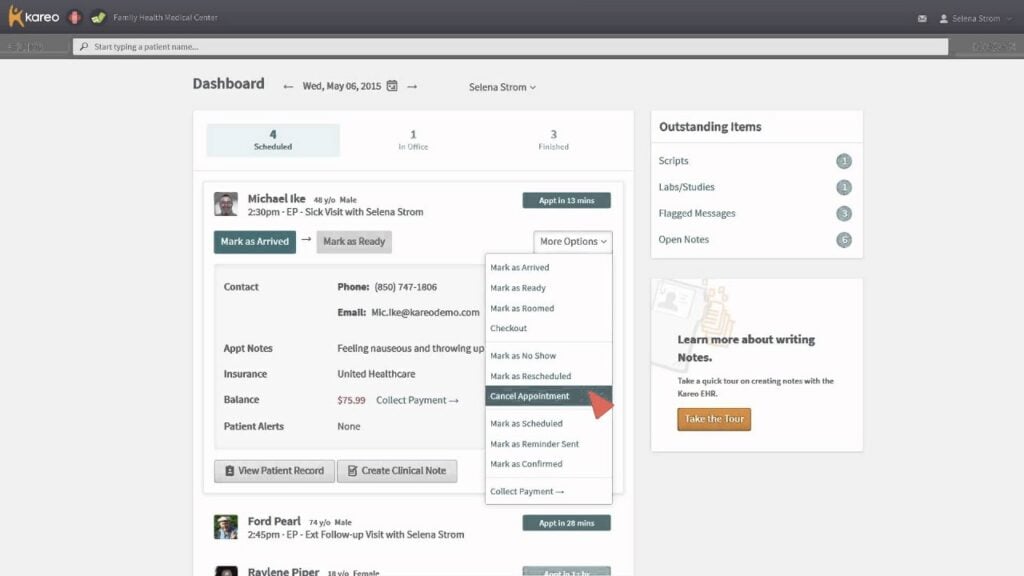 Kareo dashboard showing patient appointments, insurance details, clinical notes, outstanding items, and payment options