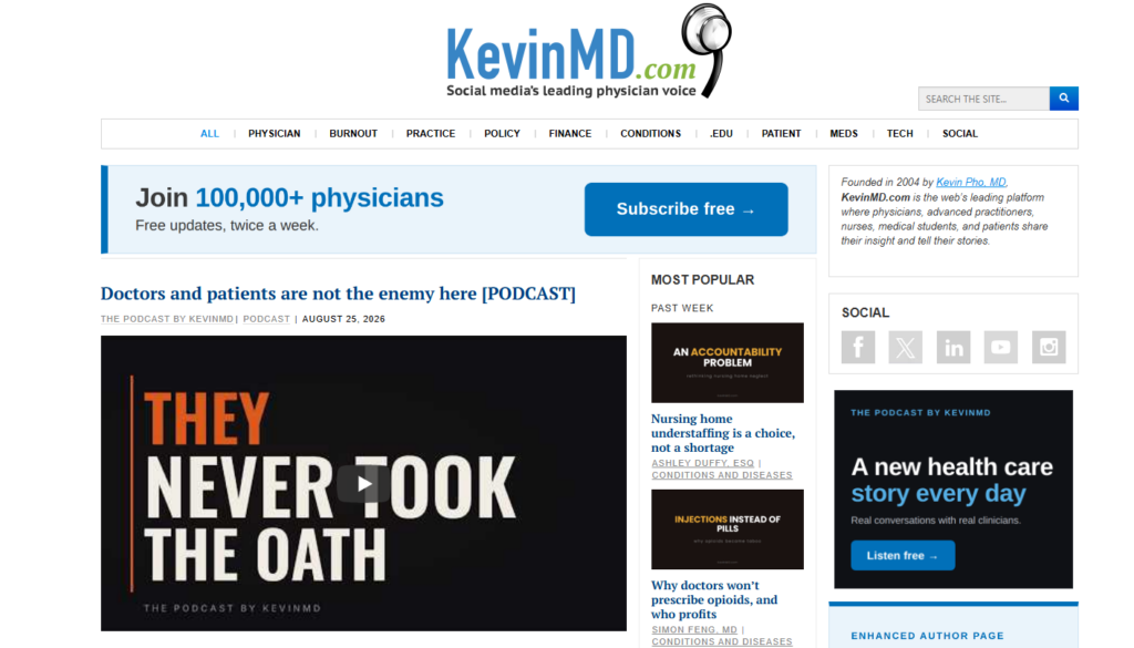 KevinMD-homepage met commentaar van artsen, podcasts en onderwerpen uit de gezondheidszorg