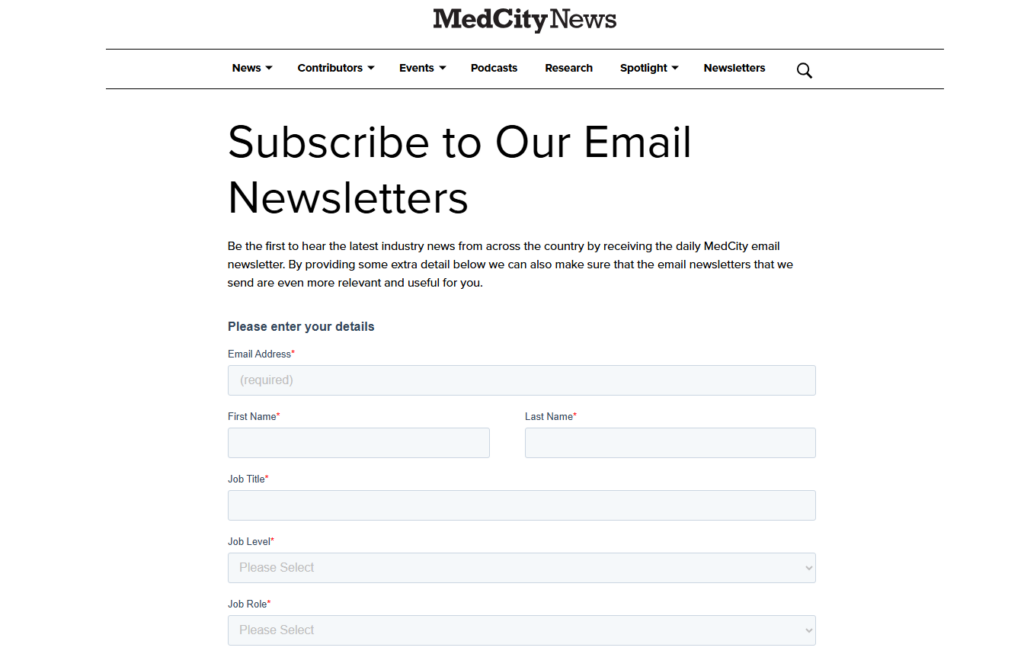 Pagina voor een abonnement op de e-mailnieuwsbrief van MedCity News met gepersonaliseerde registratievelden