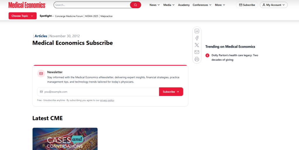 Inschrijfpagina van Medical Economics eNewsletter met aandacht voor financiële inzichten en inzichten voor de praktijk