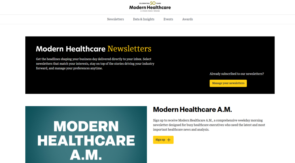 Inschrijfpagina van Modern Healthcare A.M. voor nieuws en analyses over de gezondheidszorg