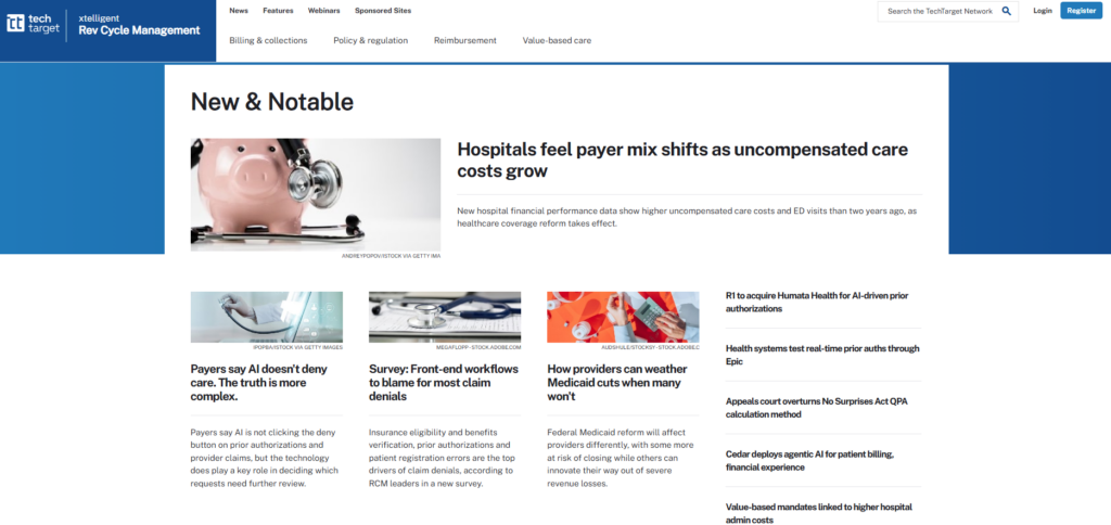 Homepage van RevCycleIntelligence met verhalen over ziekenhuisfinanciën en de inkomstencyclus