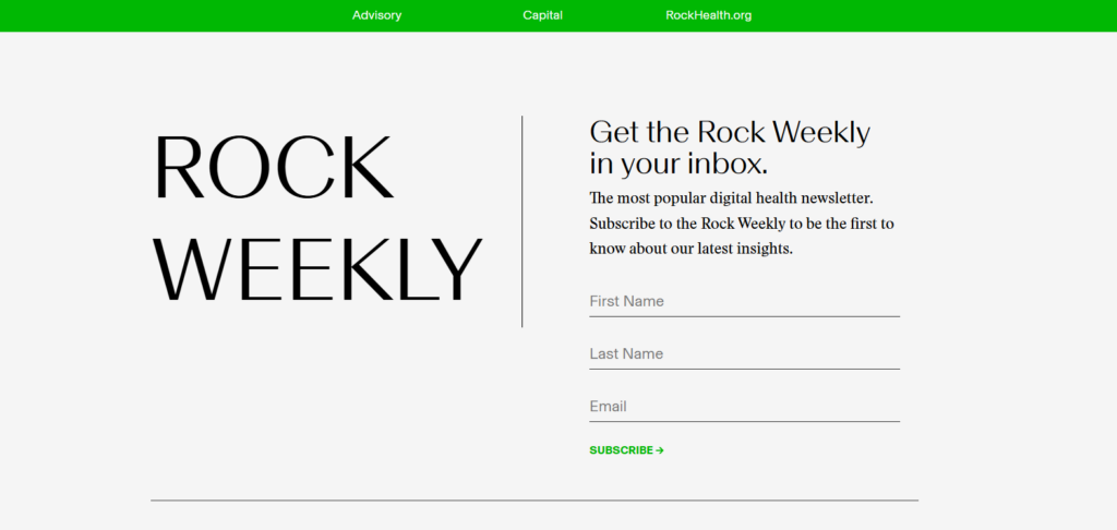 Aanmeldpagina van Rock Weekly met velden voor naam en e-mailadres
