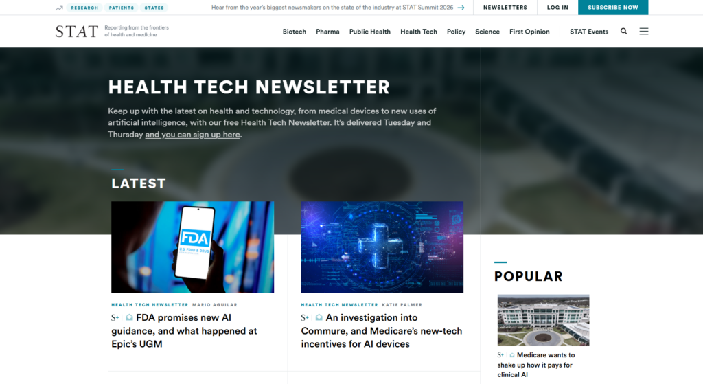 STAT Health Tech-nieuwspagina met verhalen over de FDA en klinische AI