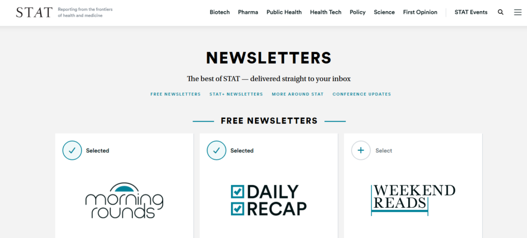 STAT Morning Rounds tussen de gratis nieuwsbrieven van de publicatie