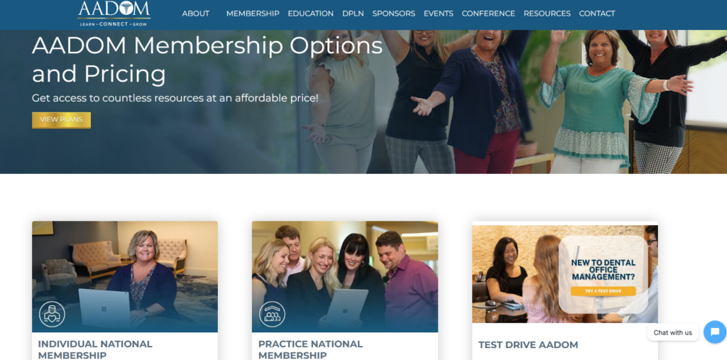 AADOM membership page showing three plan choices