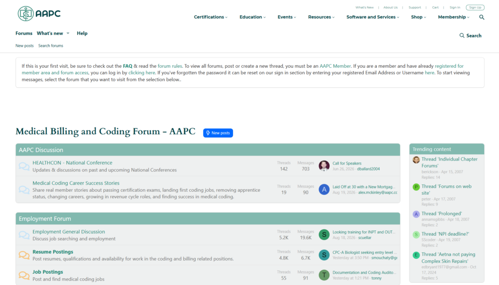 AAPC forum showing career topics, job postings, and member conversations