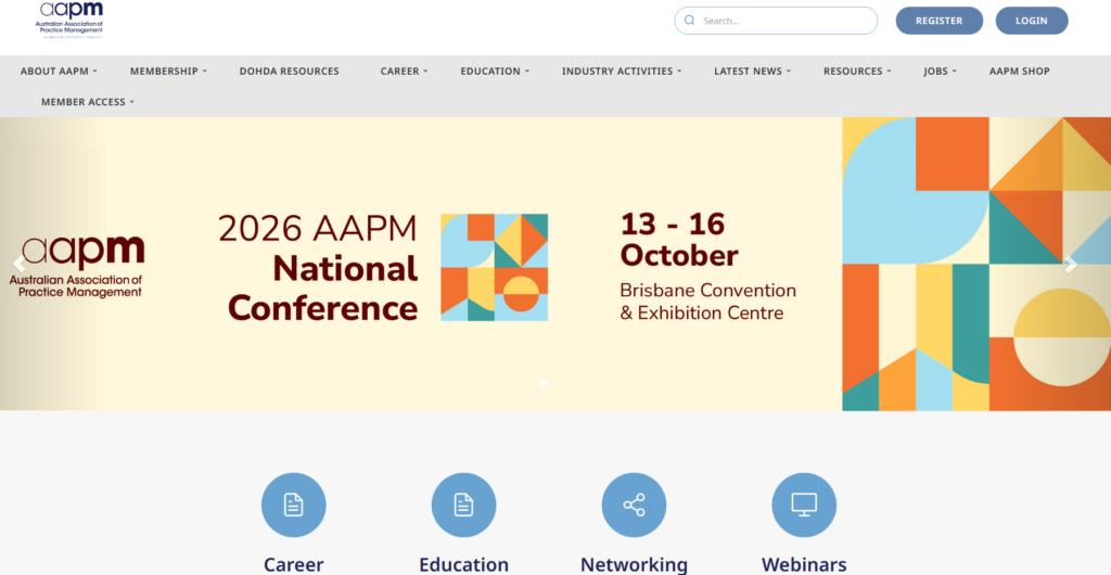 AAPM homepage promoting its 2026 National Conference in Brisbane